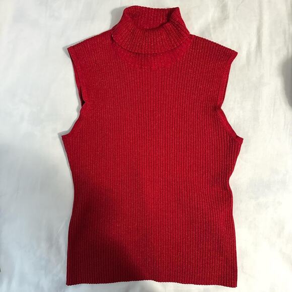 red sleeveless turtleneck shimmer metallic ribbed knit top cable & gauge xl - Picture 2 of 5